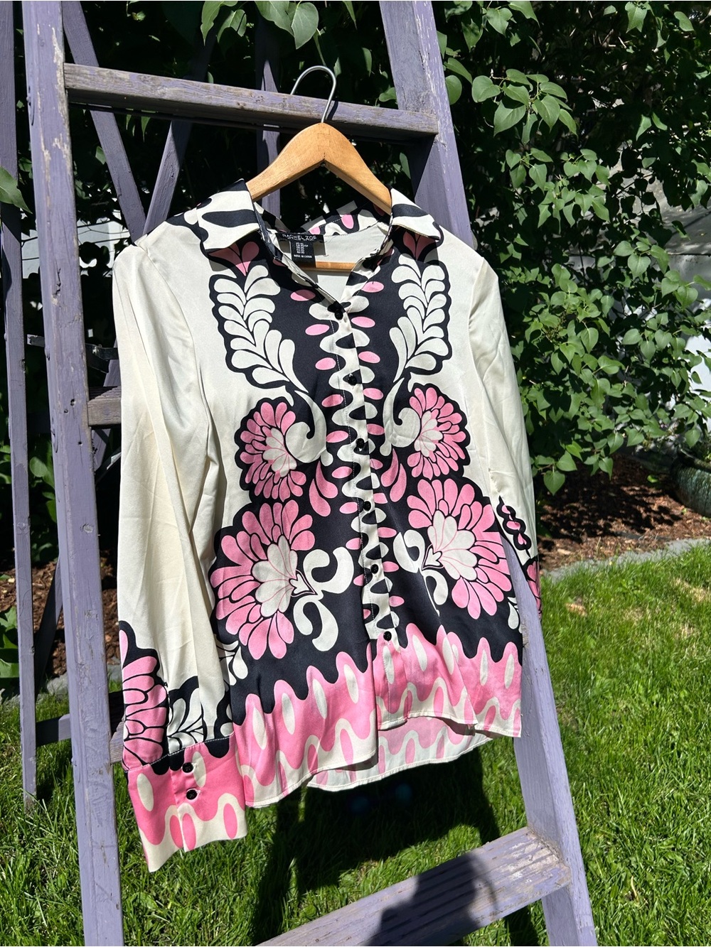 Rachel Zoe Black Cream Pink Floral Button-Down Blouse